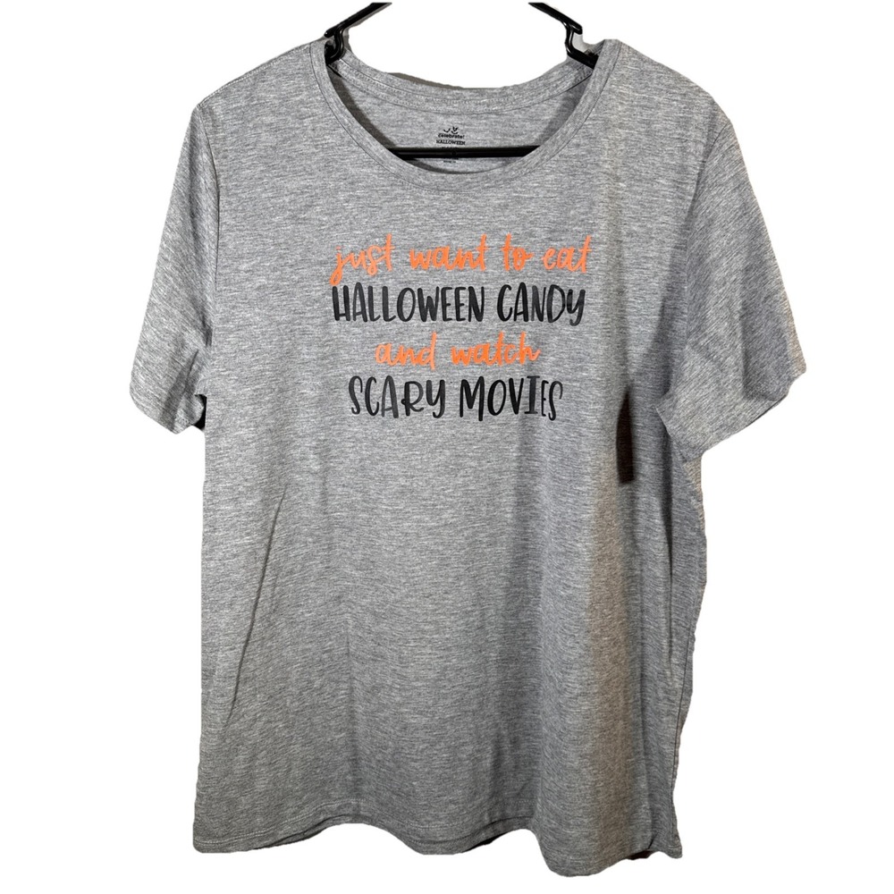Womens Halloween T Shirt XL‎ 16 18 Gray Eat Candy Watch Scary Movies